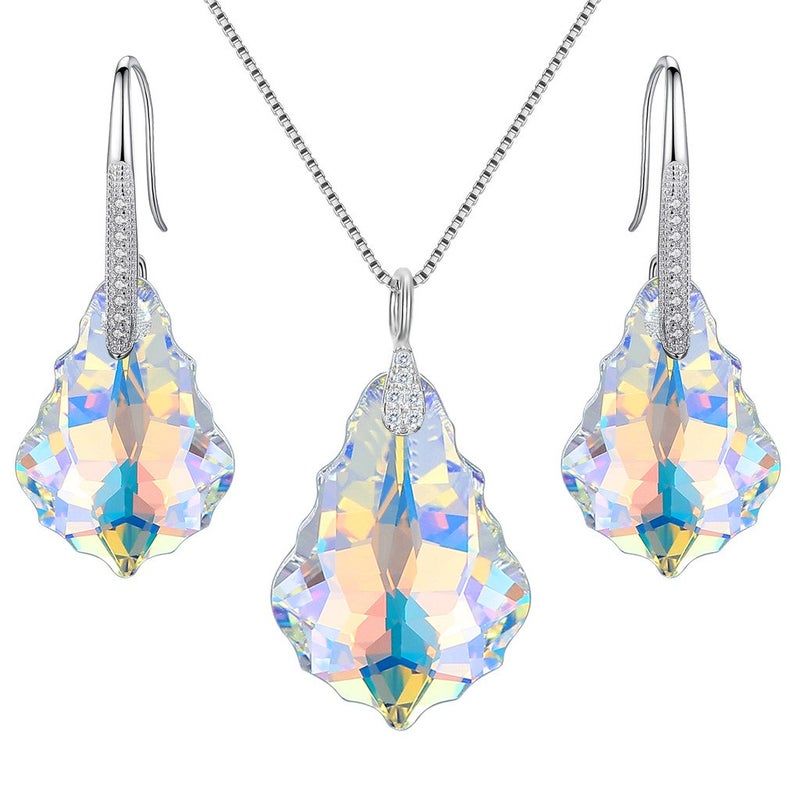 EleQueen 925 Sterling Silver CZ Baroque Drop Pendant Necklace Dangle Earrings Set Iridescent Aurora Borealis Made with Austrian Crystal - Image 1